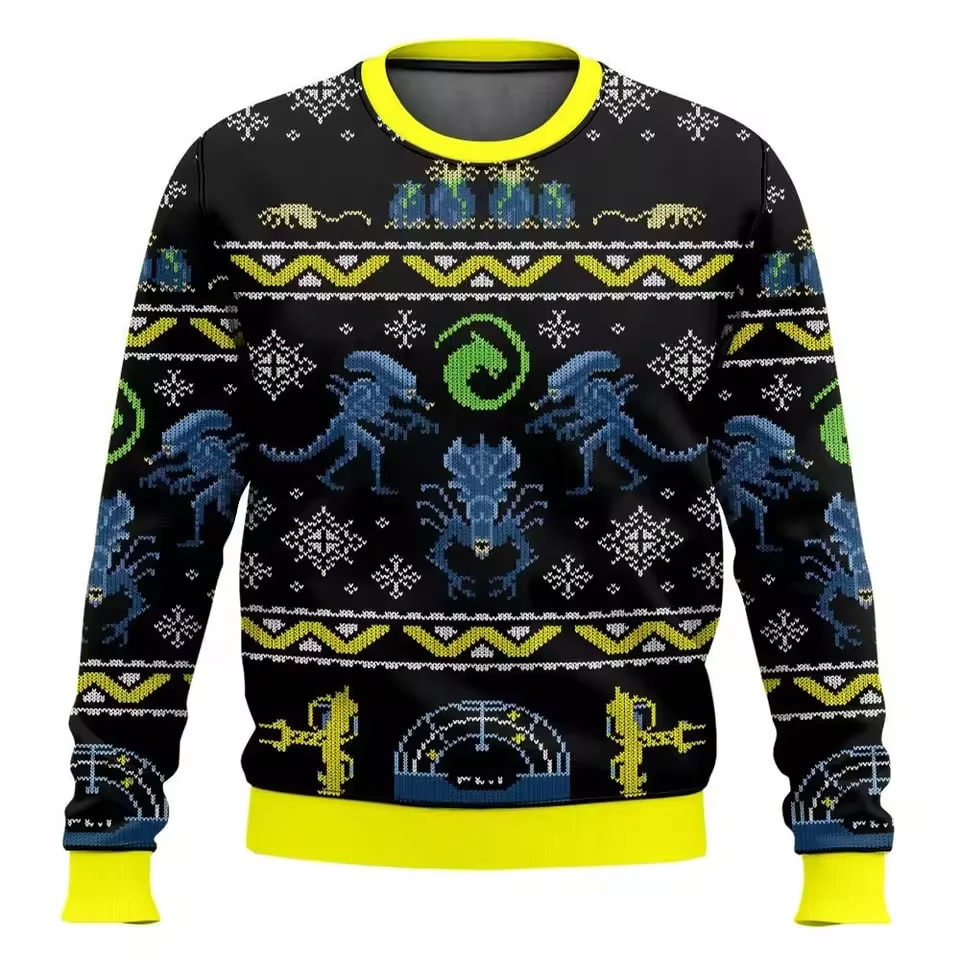 Ugly sweater Christmas carnival, classic sci-fi horror elements, face-hugging bug Christmas geometric pattern round neck hoodie