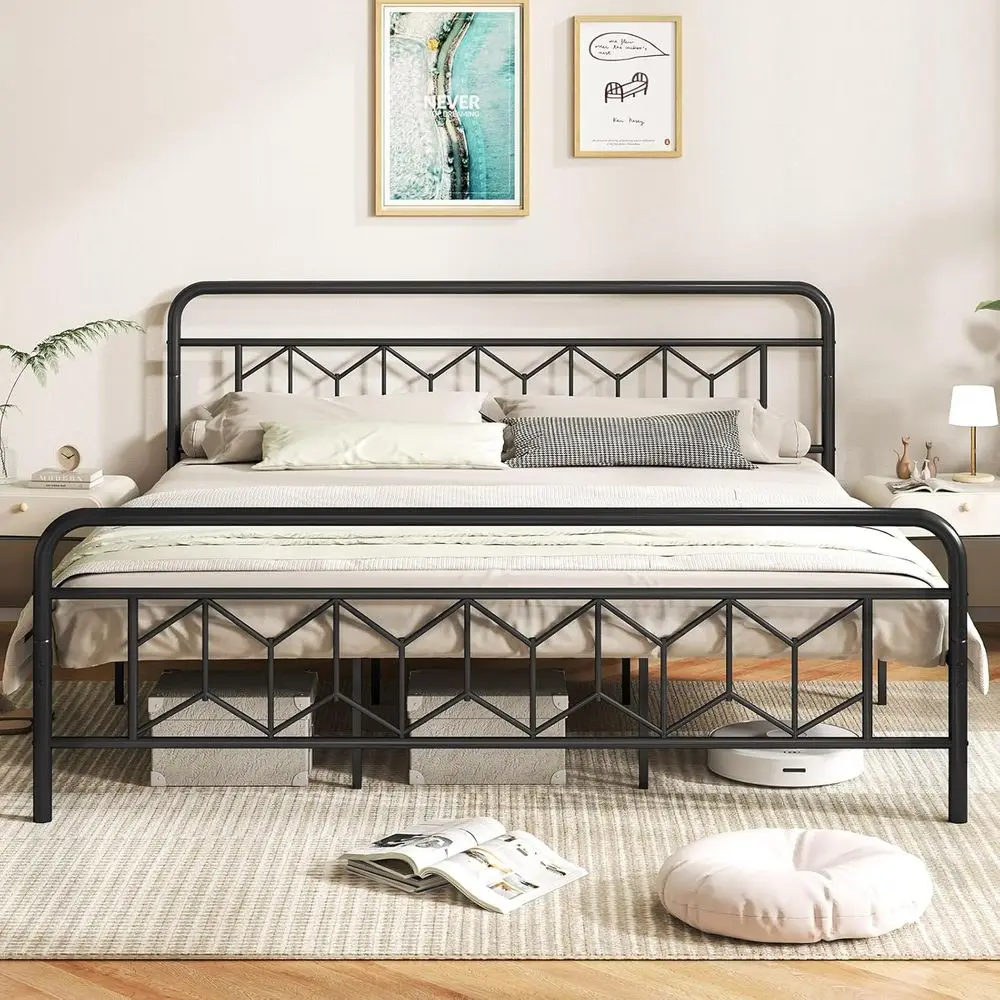 

King Size Metal Platform Bed with Sleek Style, Heavy-Duty Slats, No Box Spring, Storage Space, Black