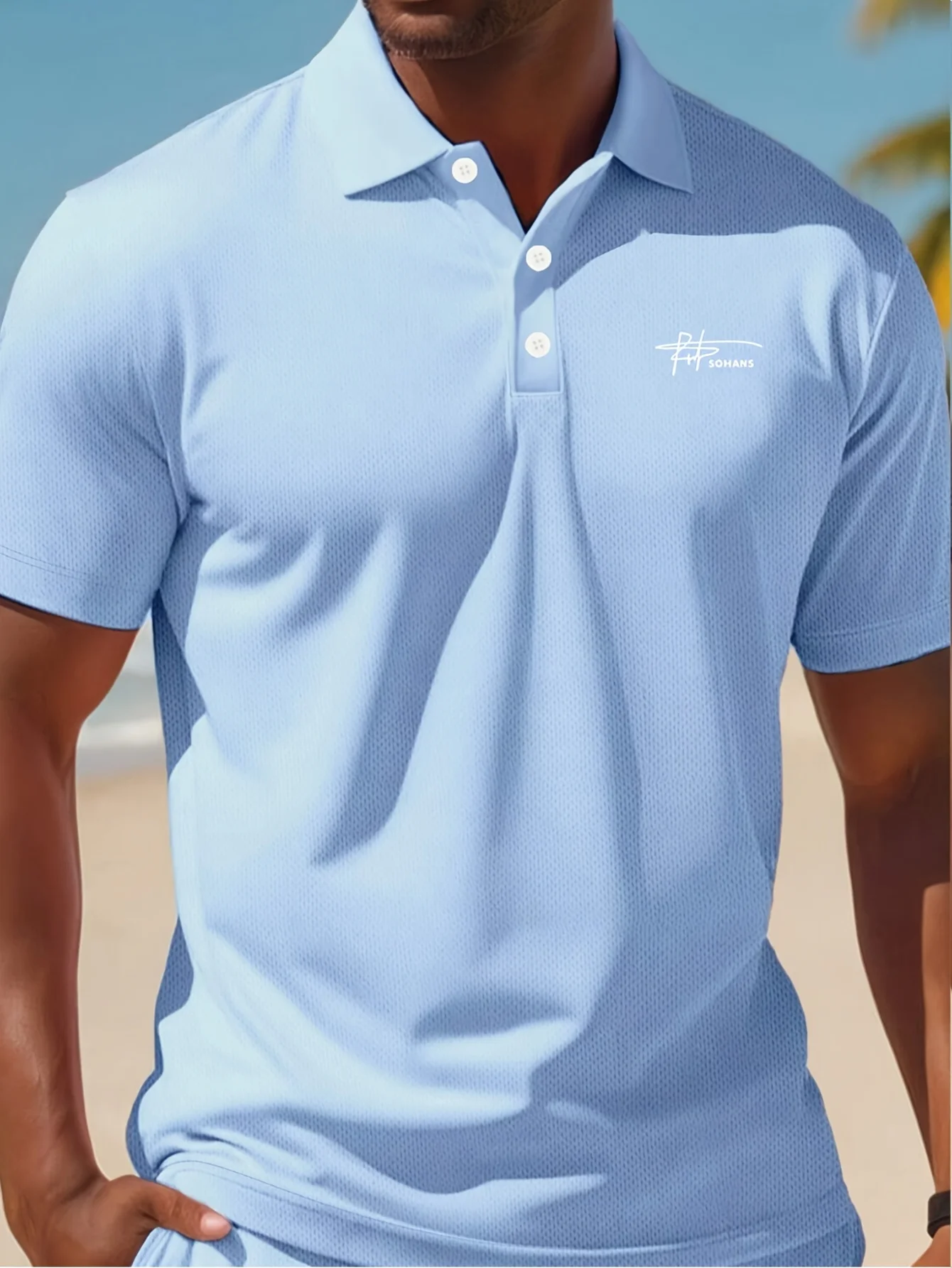 

2025 3D Printed Solid Color Sky Blue Mesh Fabric Men's Collar Simple Logo Printed Quick Drying Casual Outdoor Collar