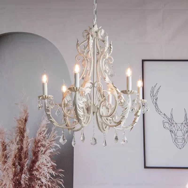 

American Country White Crystal Chandelier Nordic Bedroom Retro LED Pendant Lamps French Living Room Restaurant Hanging Lighting