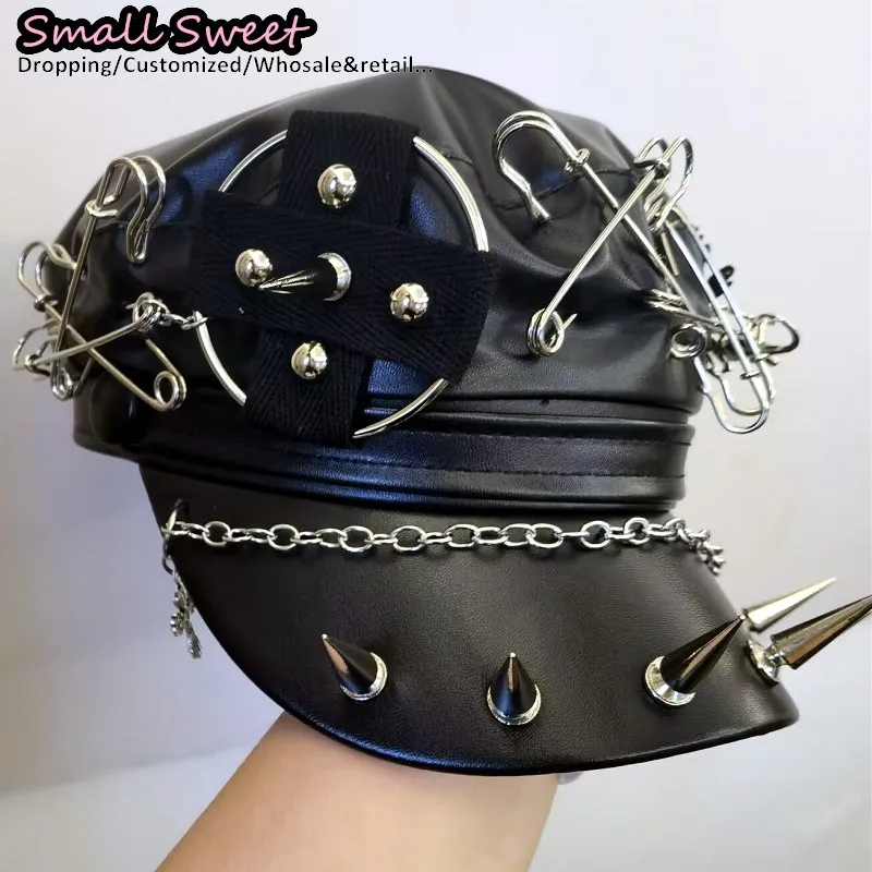 Jazz Punk Rivet PU Leather Spike Beret Hats Y2k Spice Girl Harajuku Women Personality Pin Rock Caps Goth Lolita Newspaper Cap