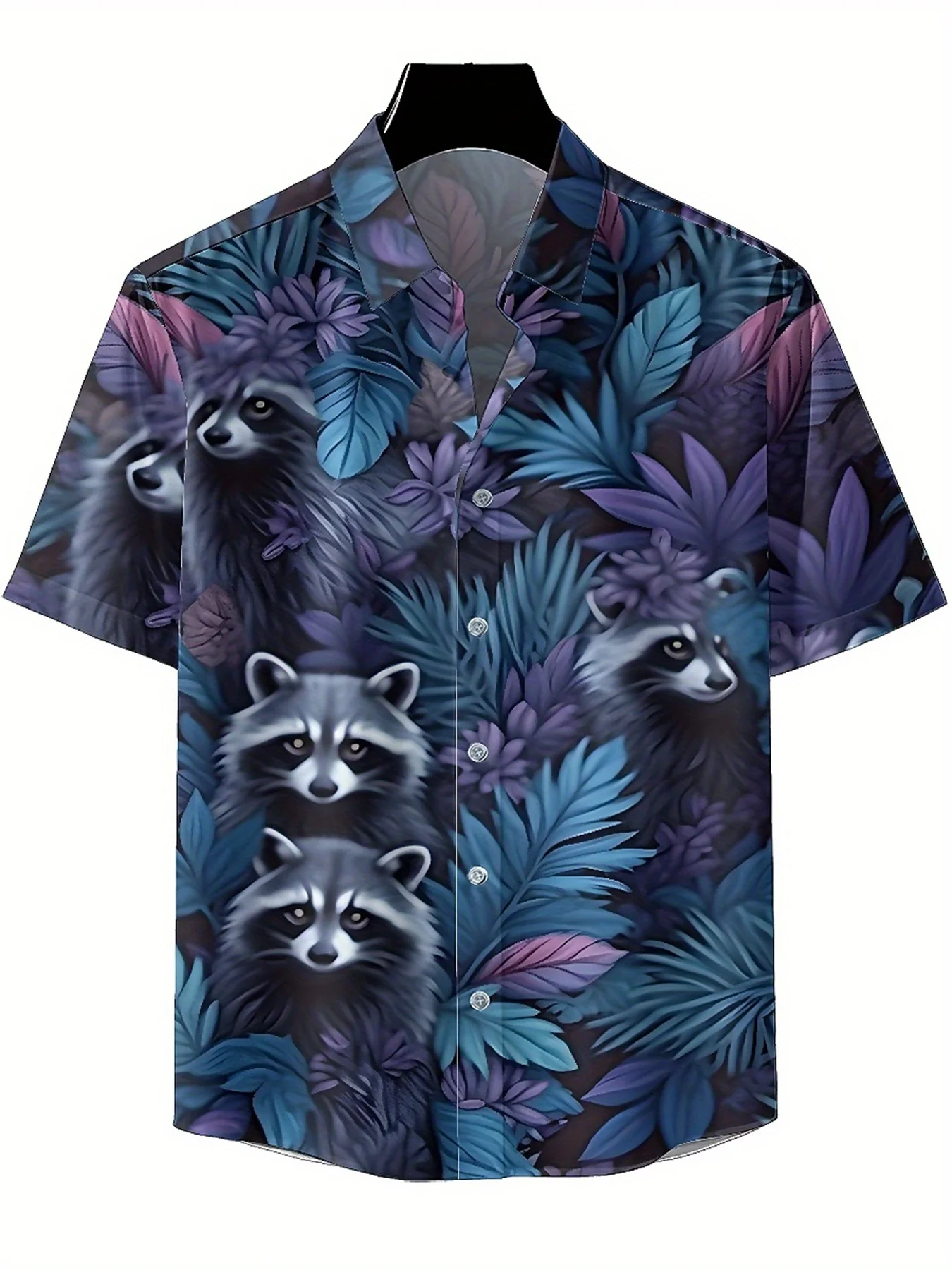 Men's Plus Size Hawaiian Shirts Raccoon Adventure in The Mysterious Forest pattern, Button Shirts, Casual Clothing, Summer Tops