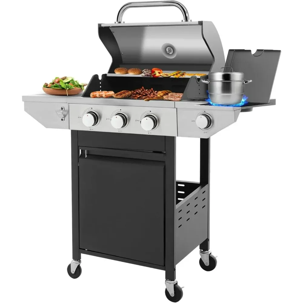 

Large BBQ Grill Propane with 3-Burners and Side Burner, Outdoor Gas Grill with Porcelain-Enameled Cast Iron Grates,