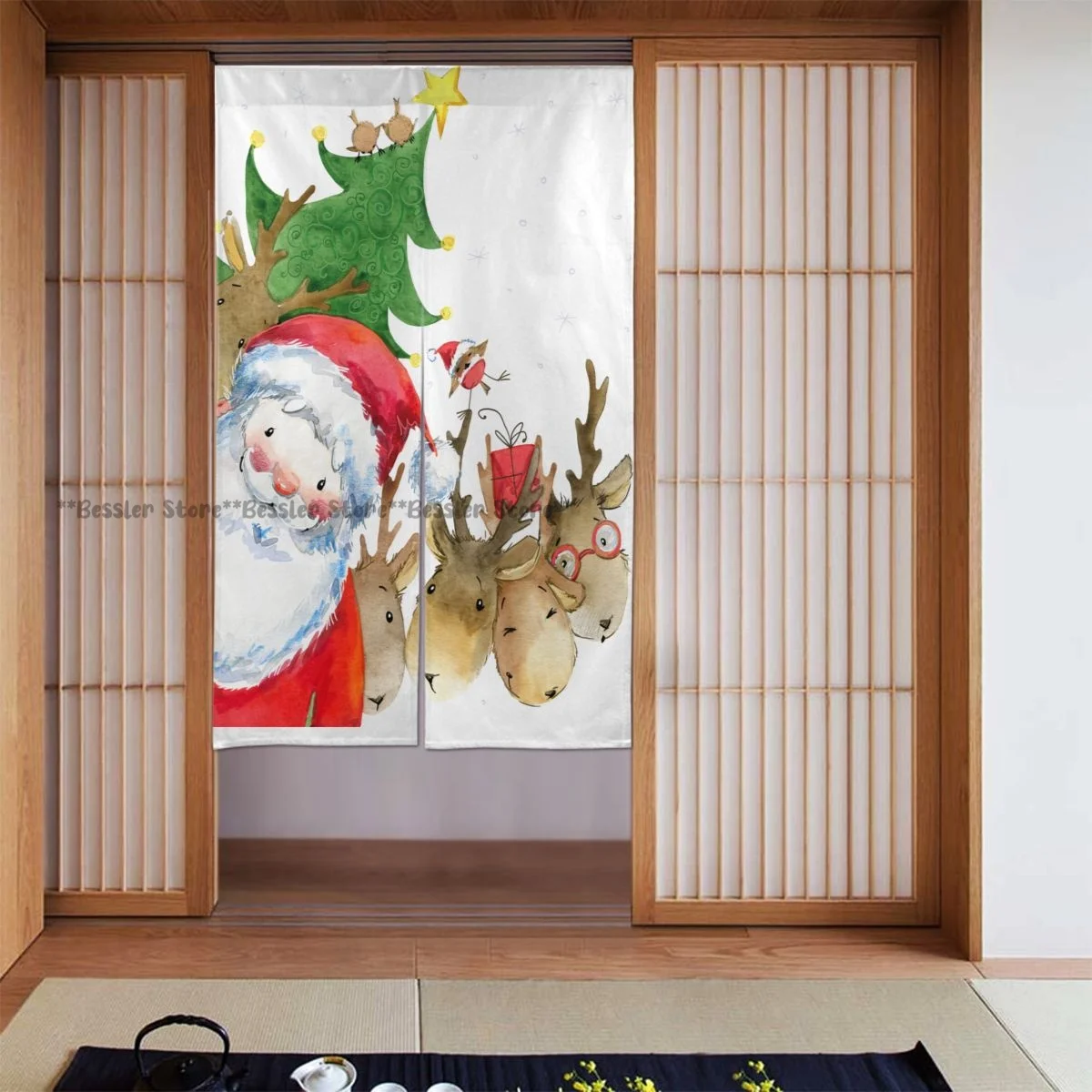 Door Curtains Santa Clause And Reindeer Watercolor Room Partitions Home Deocration