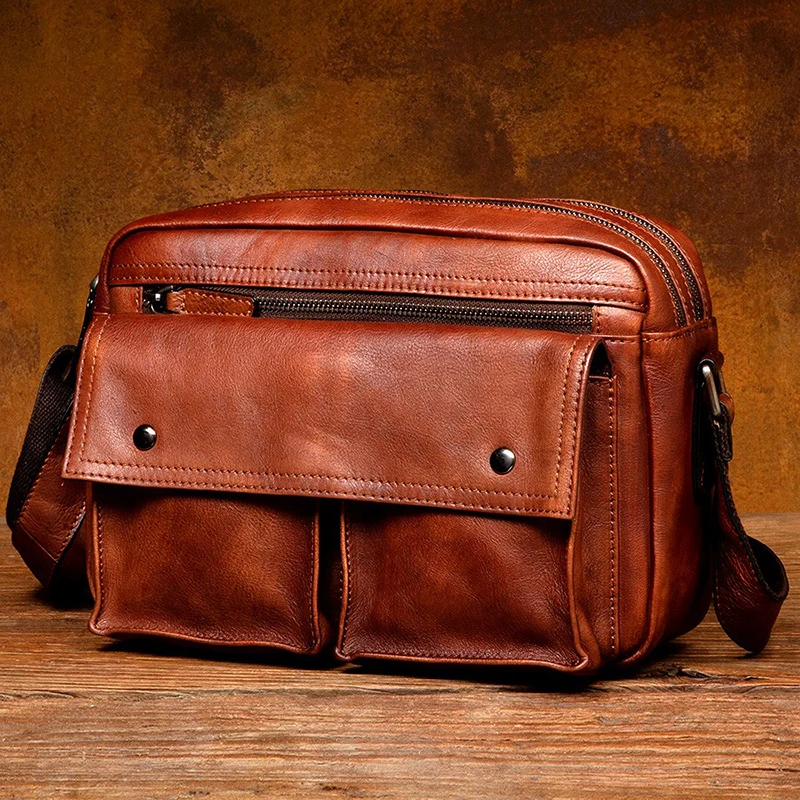 Retro vegetable tanned leather shoulder bag men's leather messenger bag leisure Korean men's bag small backpack