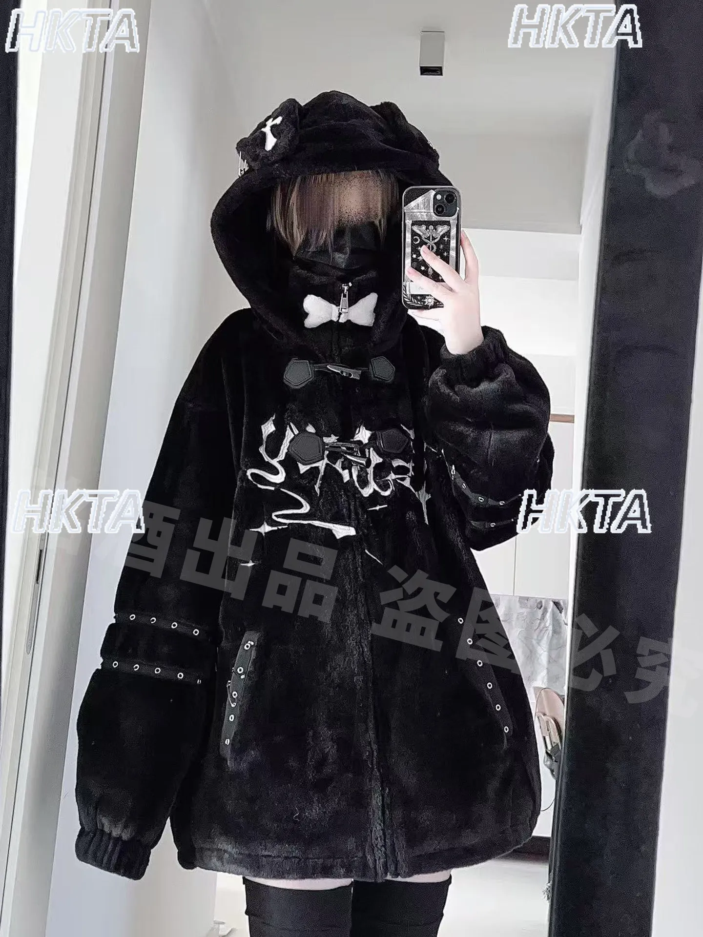 Y2K Dark Subculture Punk Goth Cartoon Black Fur Jacket 2025 Winter New Thickened Warm Loose Casual Versatile Hooded Coat Women