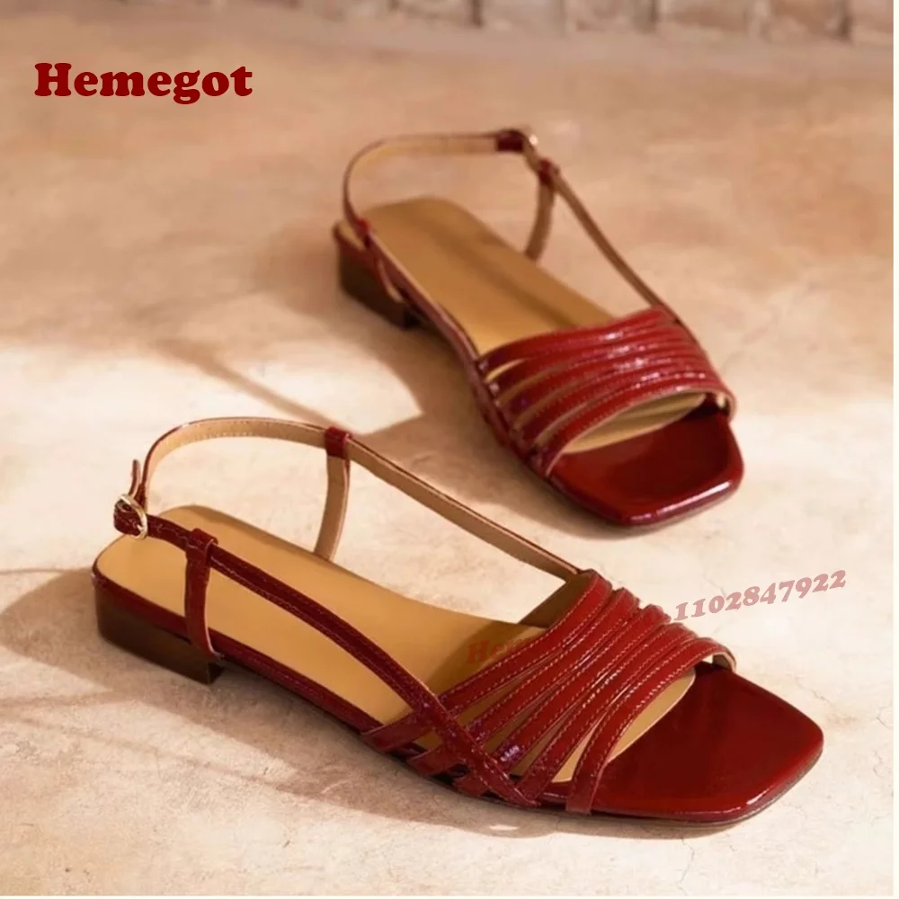 

Cut Out Chunky Heels Sandals Burgundy Slingback Buckled Women's Sandals Square Toe Side Air Splicing Summer Runway Shoes Luxury