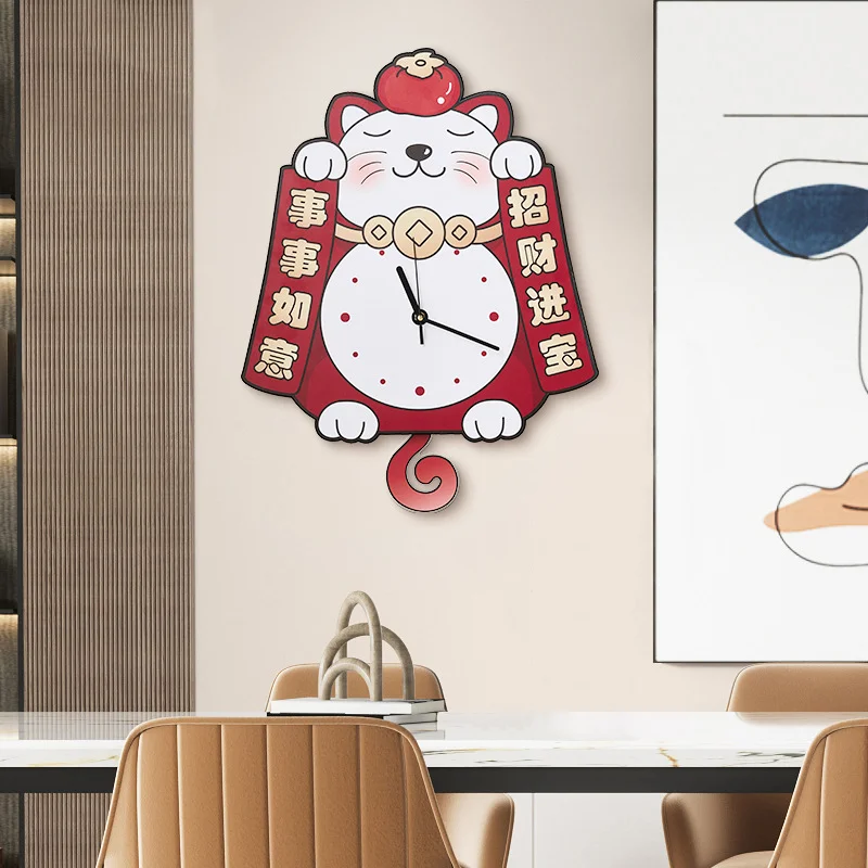 Lucky Cat Wall Clock Japan Creative Cartoon Cat Wall Watch Automatic Swing Tail Watch Home Living Room Bedroom Pendant Decorate