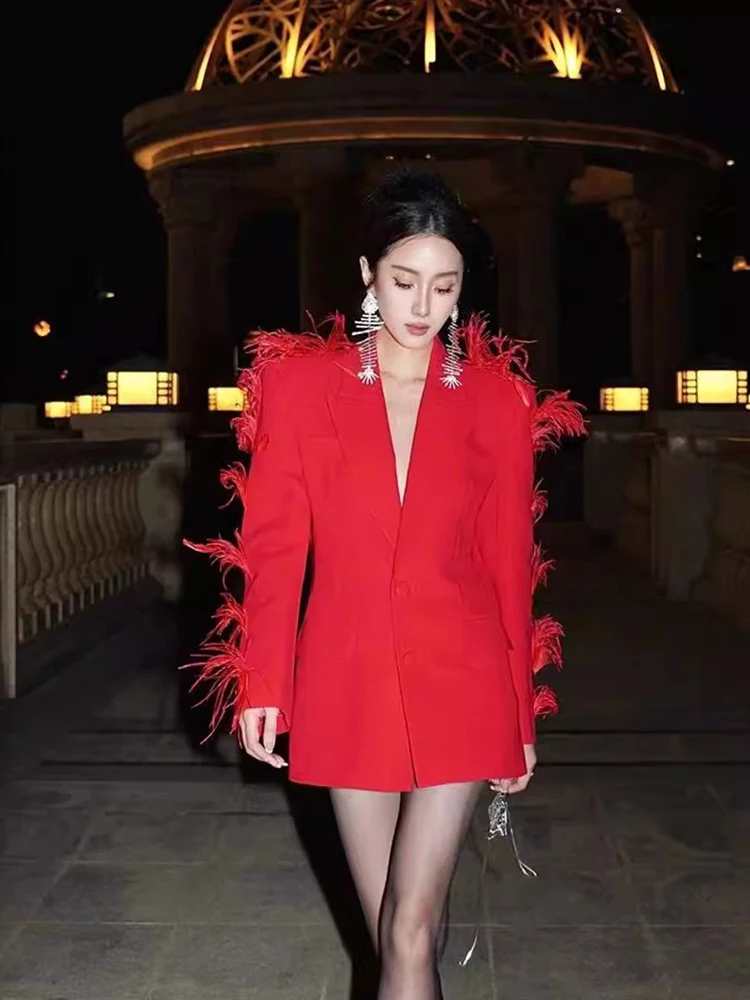 [oein] Red Light Mature Style Feather Spliced Suit Jacket  Early Spring New Style High-end Temperament Explosive Street Suit Top