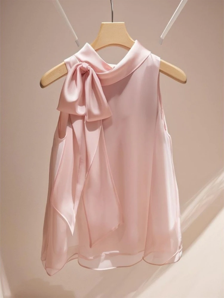 Light Cooked French Style Niche Chiffon Sleeveless Shirt for Women Unique and Beautiful Ethereal and Fluttering Bow Top