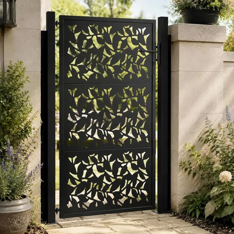 Portail de jardin en métal, design à feuilles en acier, entrée robuste en fer forgé, protection de l'intimité pour la clôture de la cour, adapté pour la cour arrière, la cour avant et la piscine, gris moderne, 100x150 cm, portail d'entrée extérieur idéal pour la clôture de la cour et la gestion de l'accès.