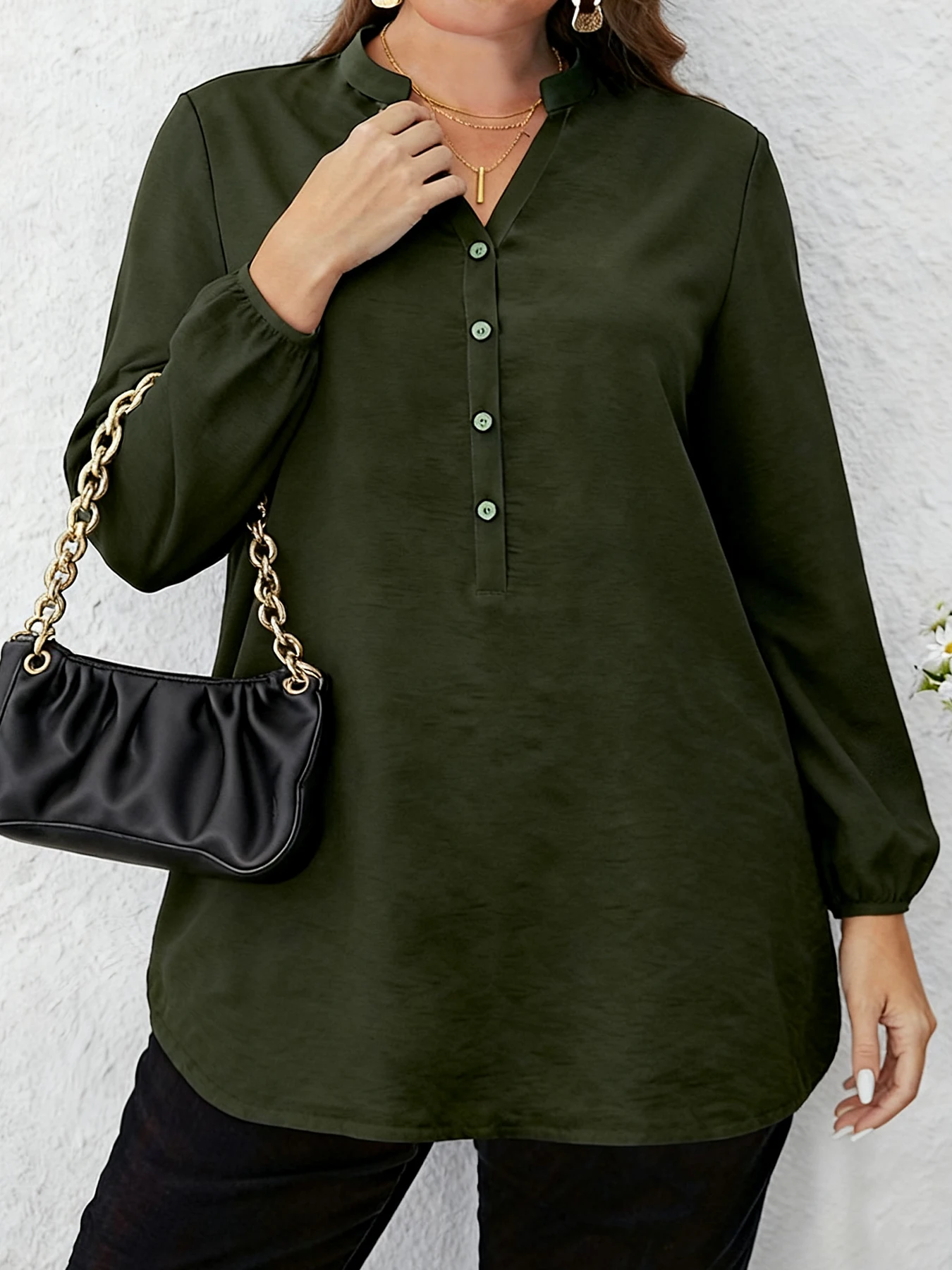Plus Size Women's Solid Color V Neck Buttoned Long Sleeve Tunic Top Casual Slimming Daily Shirt