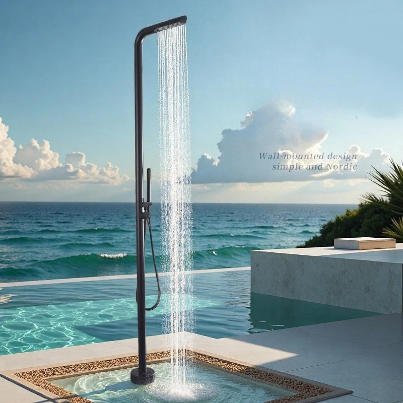 Vertical Outdoor Floor Standing Faucet with High-End Stainless Steel Shower Head Beach Hot and Cold Shower Column Set