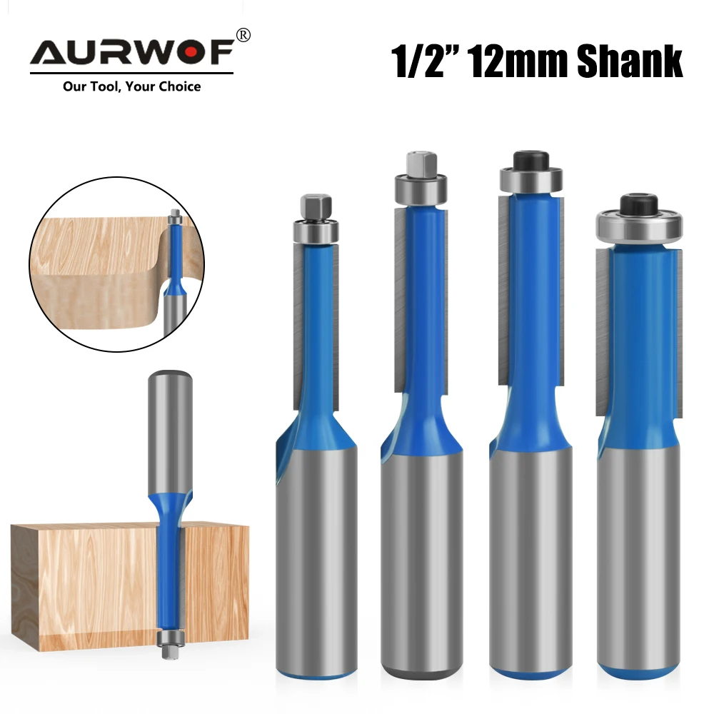 

AURWOF 1pc 1/2" End Dual Flutes Ball Bearing Flush Router Bit Straight Shank Trim Wood Milling Cutters for Woodworking