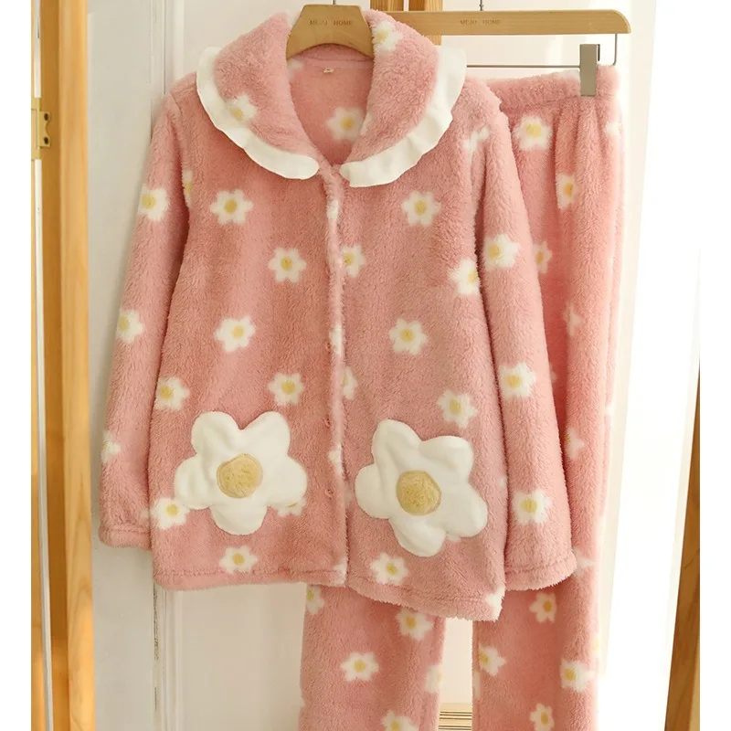 

Зимний женский пижамный комплект из кораллового флиса с подсолнухом, теплая домашняя одежда с длинными рукавами для уютного комфорта