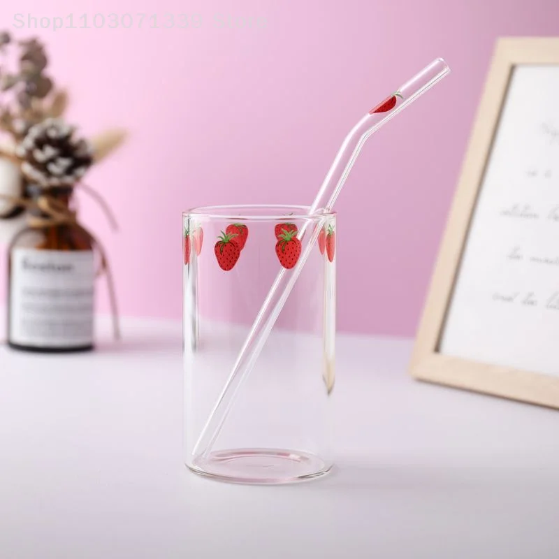 Ins Strawberry Glasses Heat Resistant Coffee Milk Water Cups with Straws Clear Cute Juice Smoothie Cold Drinks Straw Cup