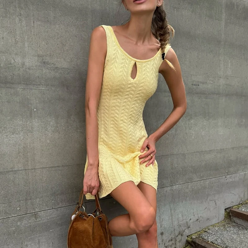 Tuularose Knit Hollow Out Dress Women's O Neck Sleeveless Backless Ruffled Dress Female Summer Holiday Party Folds Tank Dresses