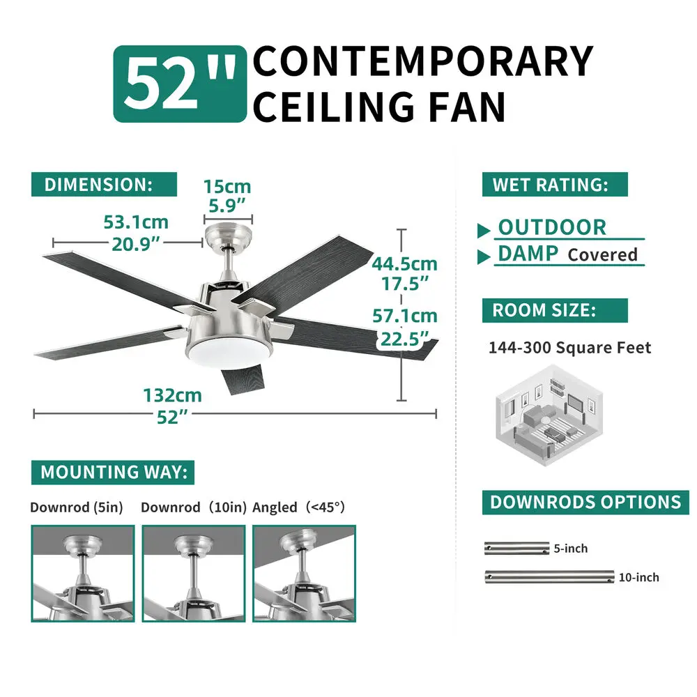 52'' Ceiling Fan Light Black LED 3-Color Chandelier Lamp with Reversible Motor