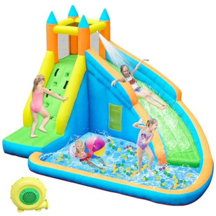Bounce House for:Indoor Inflatable with Water Slide, PVC Material, Blue/Red, Wet Dry Use, Includes Heavy-Duty Blower