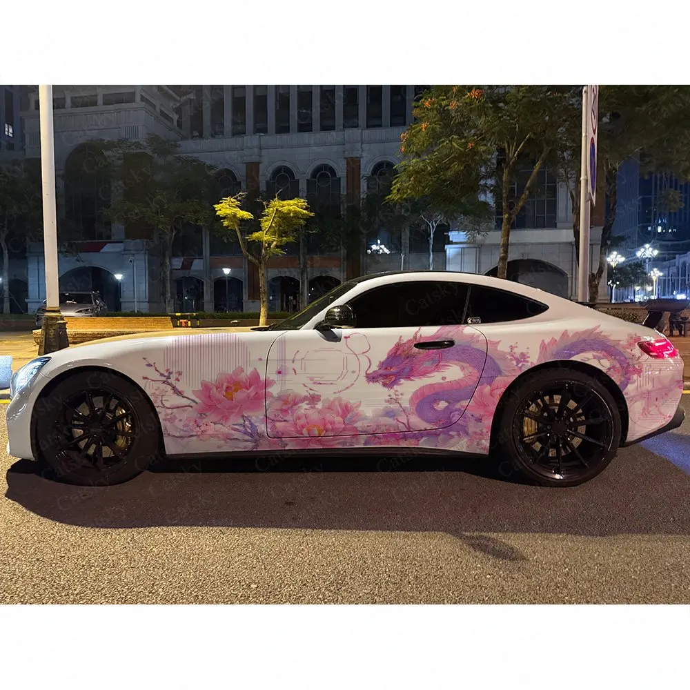 2pcs Pink Purple Swimming Dragon & Lotus Car Side Wrap, Self-Adhesive PVC Waterproof & Scratch-Resistant Stickers, Car Accessory view 5