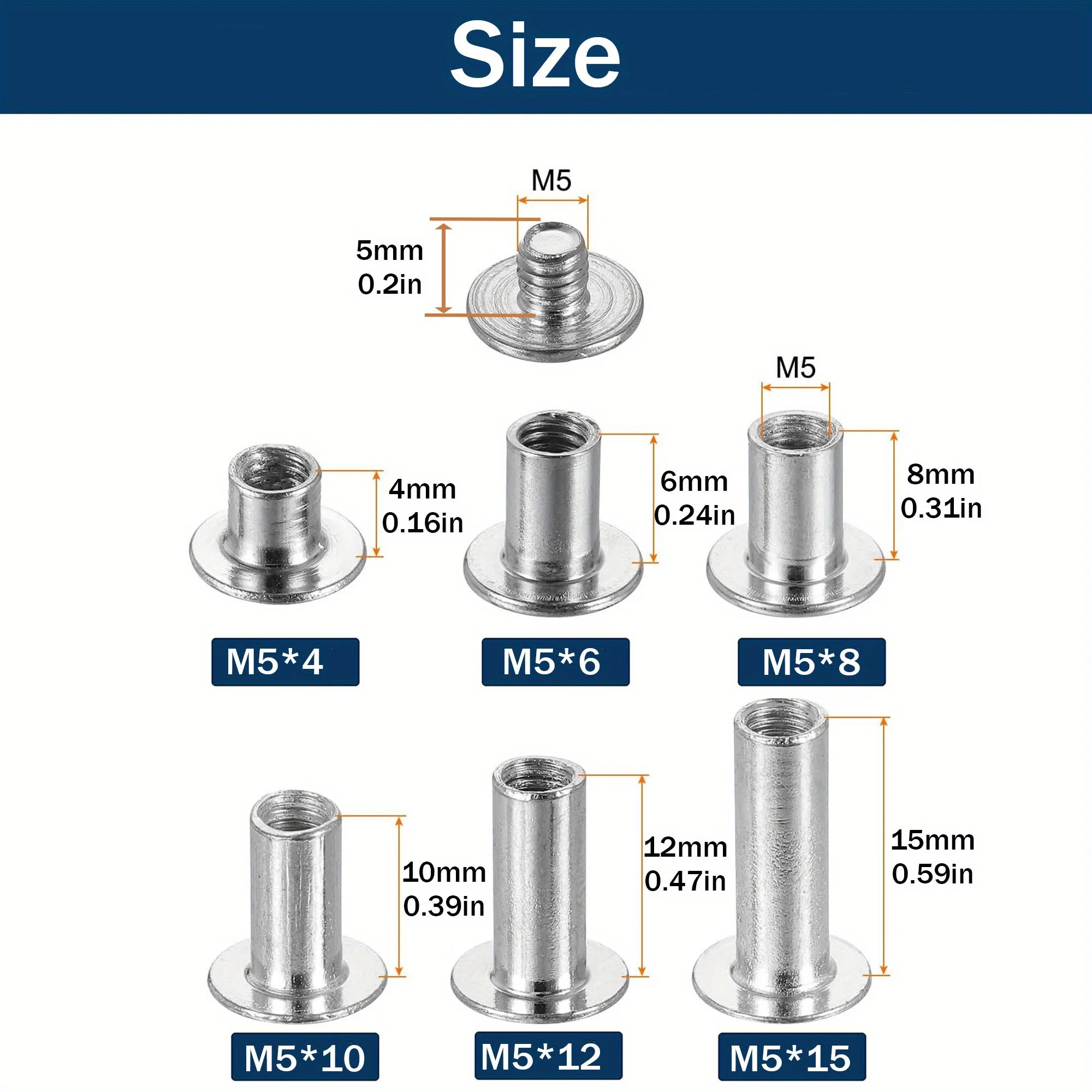 20 Set of M5x4/6/8/10/12mm Round Flat Head Chicago Rivet Set Screws, Made of 304 Stainless Steel Material and Leather Rivets