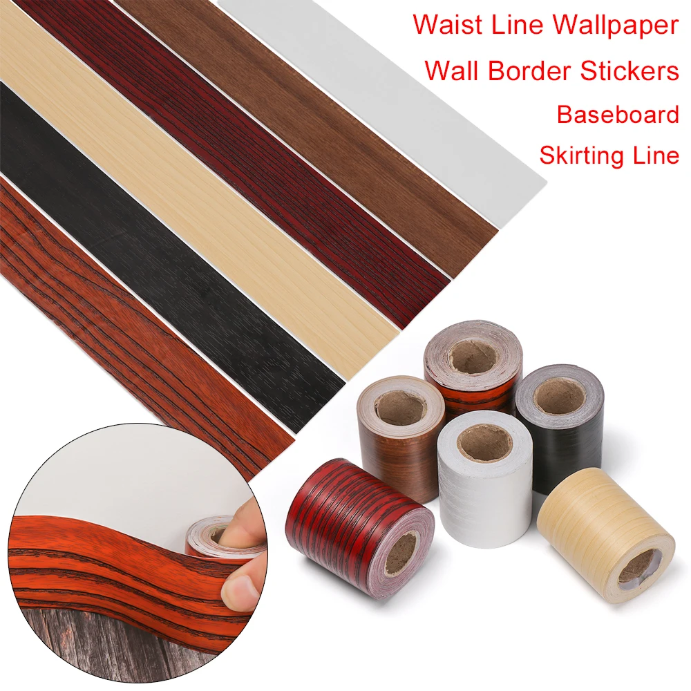 1PC Self-adhesive Wood Grain Waist Line Wallpaper Waterproof PVC Wall Border Baseboard Stickers Vinyl Decals Home Decor Decal