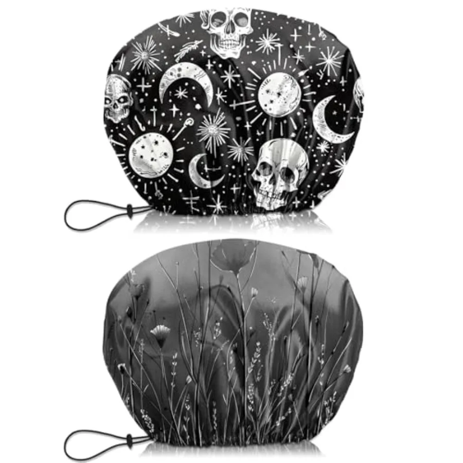 

2 PCS Shower Cap Waterproof Double Layer Elastic Adjustable Reusable Hair Bath Caps for Girls Women Cute Aesthetic-Black Grey