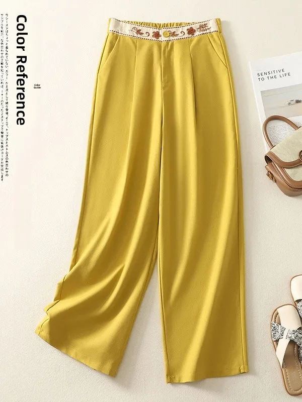 Ele Hose mit hoher Taille, bestickt, weites Bein, lockere Passform, lässig, schmal, gerade, lange Hose für Damen in Übergröße, Sommerkleidung