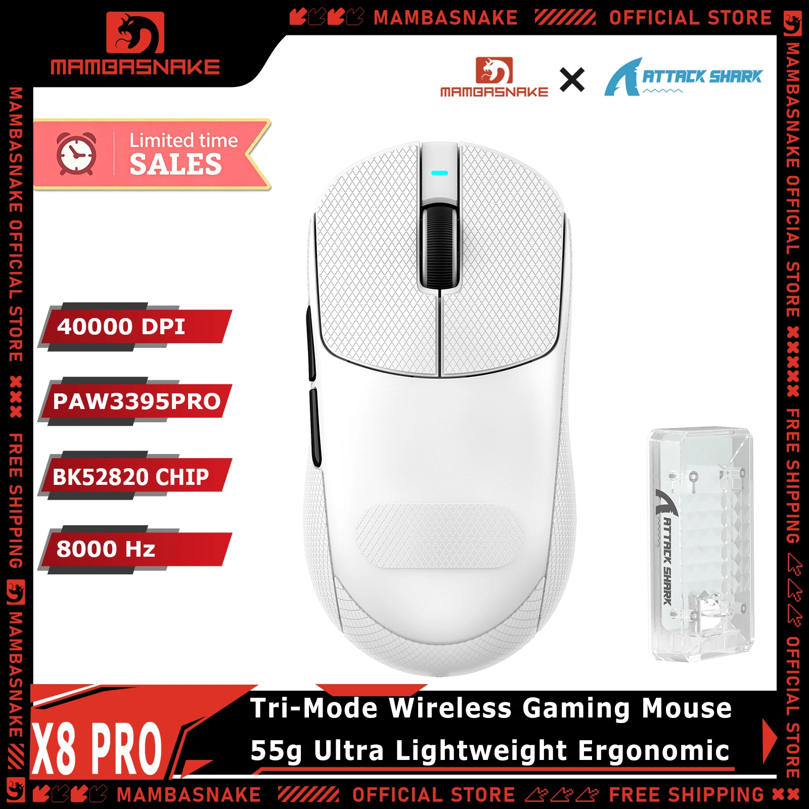 

MAMBASNAKE x ATTACK SHARK X8PRO Tri-Mode 2.4G Wireless Gaming Mouse 55g Ultra Light PAW3395PRO 8K Polling Rate 40000DPI For PC