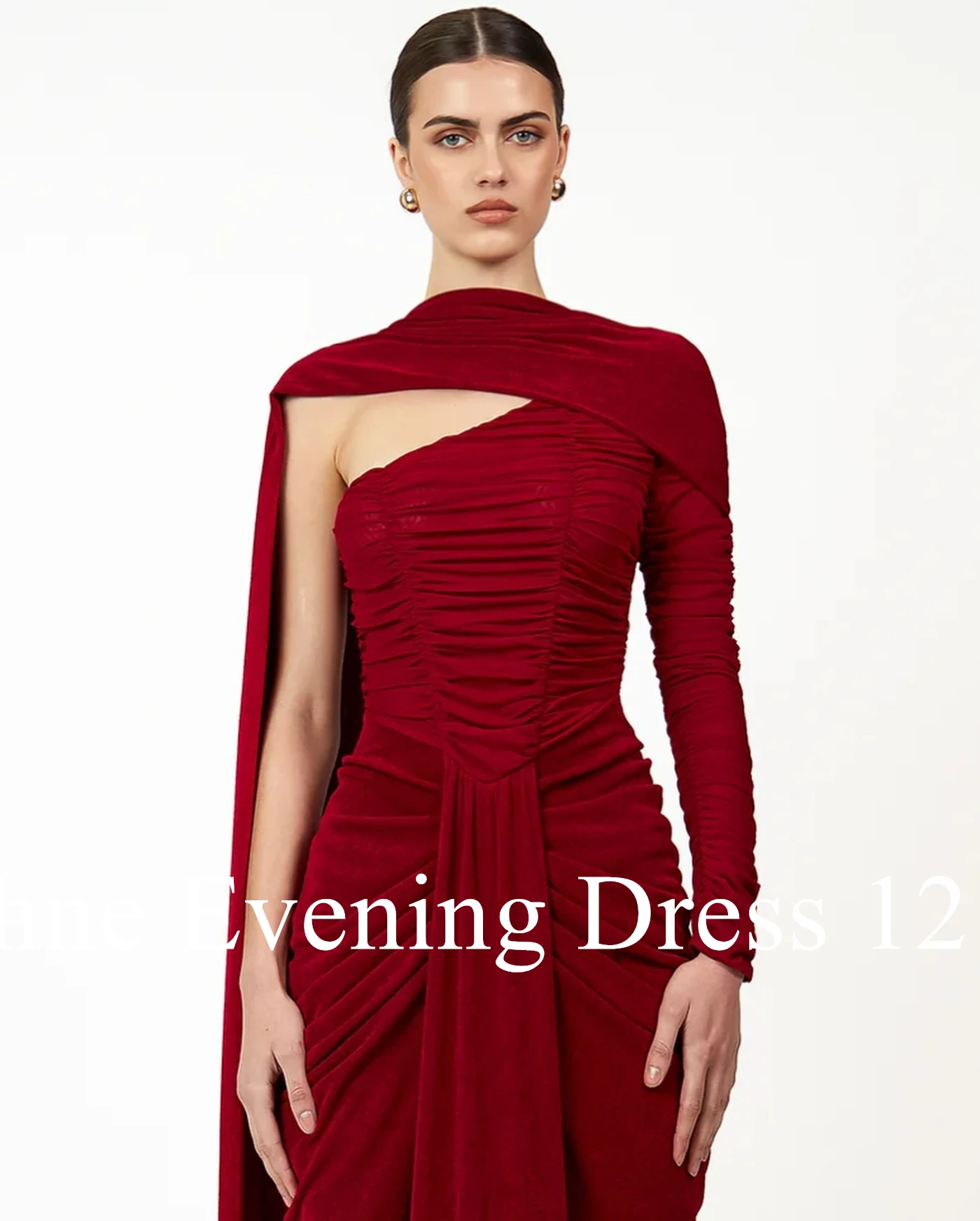 Personalizado gracioso um ombro mangas compridas watteau trem vestido de noite temperamento plissados foto cor vestido de fe