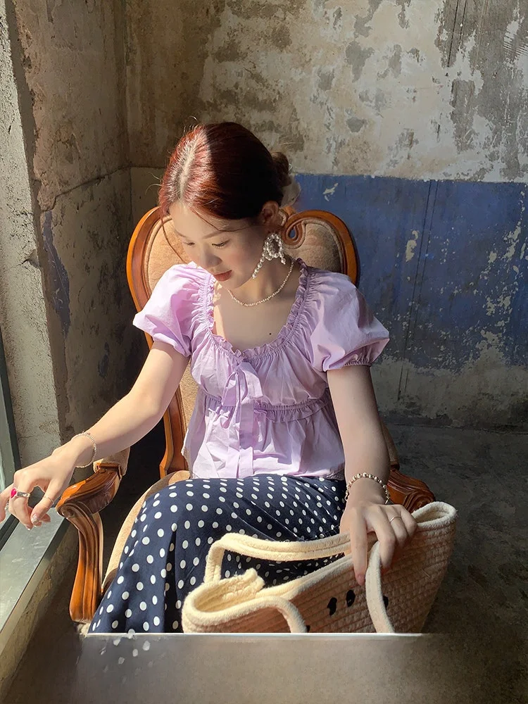 

Женская рубашка в корейском стиле с коротким рукавом, повседневная, свободного кроя, из дышащего хлопка, с рукавами-фонариками, летний модный топ