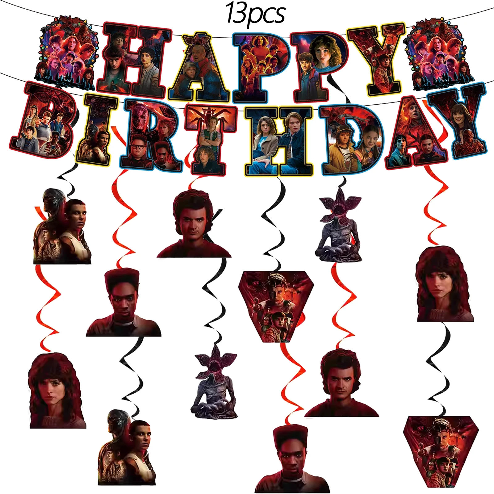Suprimentos para Festa de Stranger Things 5, 7/13 peças, Faixa de Aniversário, Espirais Penduradas para Decorações de Festa de Stranger Things 5