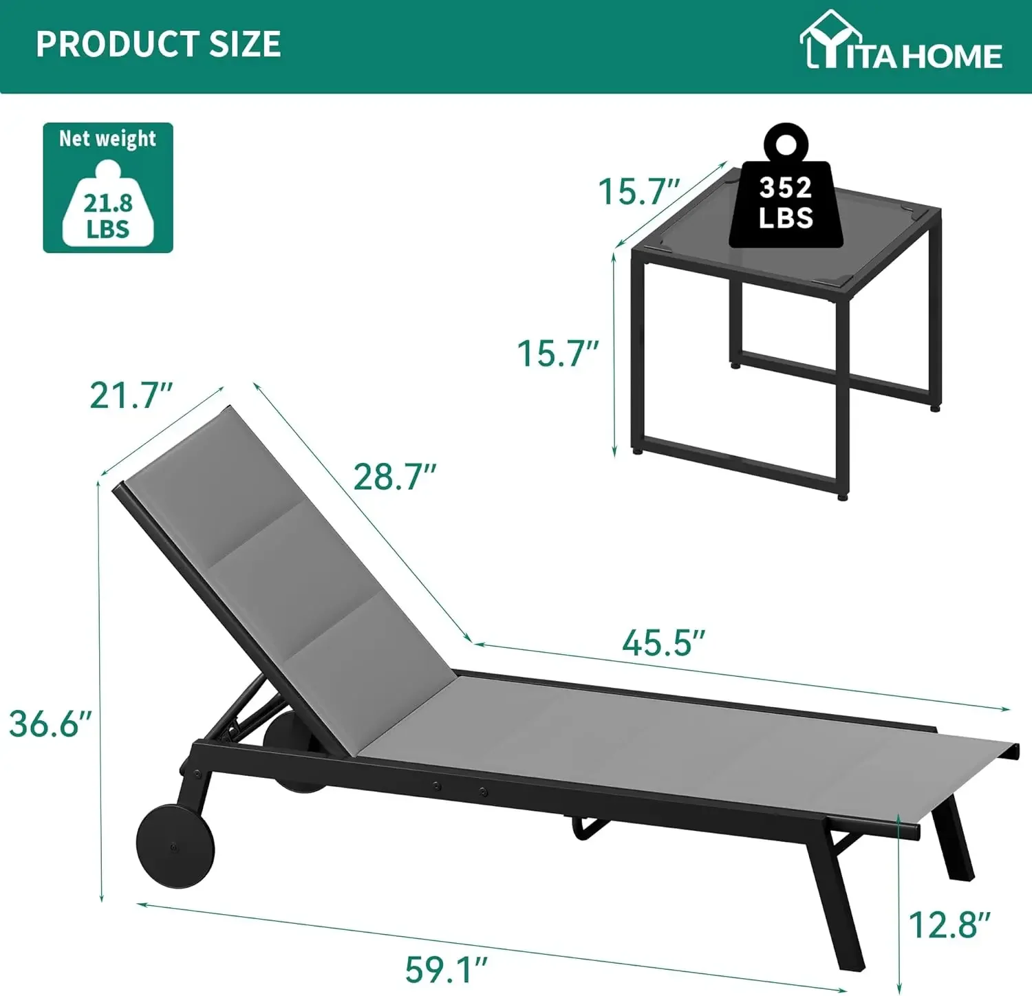 YITAHOME Patio Chaise Lounge Set of 3, Aluminum Outdoor Lounge Chairs with Side Table, Padded Fabric, and Wheels, Adjustable Bac