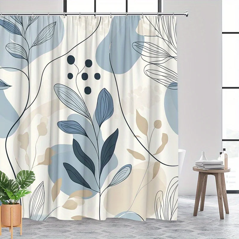 Abstract botanical shower curtain blue and beige leaves minimalist serene aesthetic 12 hooks machine washable polyester