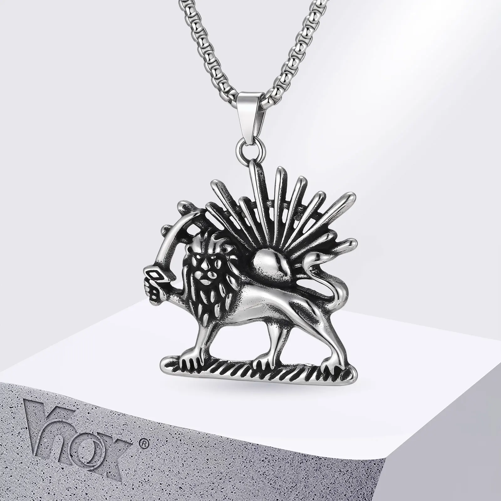 

Vnox Persian Shir Khorshid Lion Sun Pahlavi Pendant Necklaces for Men Boys, Stainless Steel Iranian Sickle Lion Necklace Chain