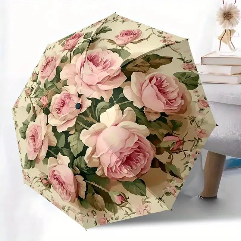 

Автоматический зонт с элегантным розово-зеленым цветочным дизайном, прочный складной зонт с 8 спицами, автоматическое открывание/закрывание