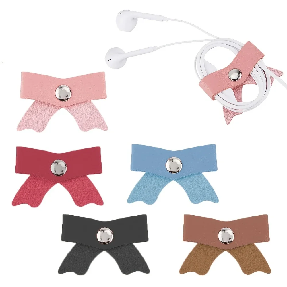 5-Pack PU Leather Bows Shape Cable Clips Various Colors Cyan Beige Light Brown Pink Purple for Storage USB/Cables Organization