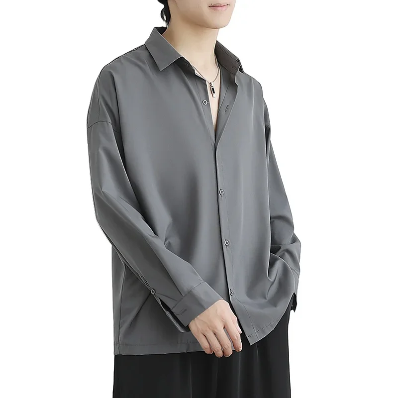 

Men Fashion Formal Business Shirt Long Sleeve White Tops Ice Silk Casual Shirts Soild Blouses Loose Elegant Shirt Man Clothes