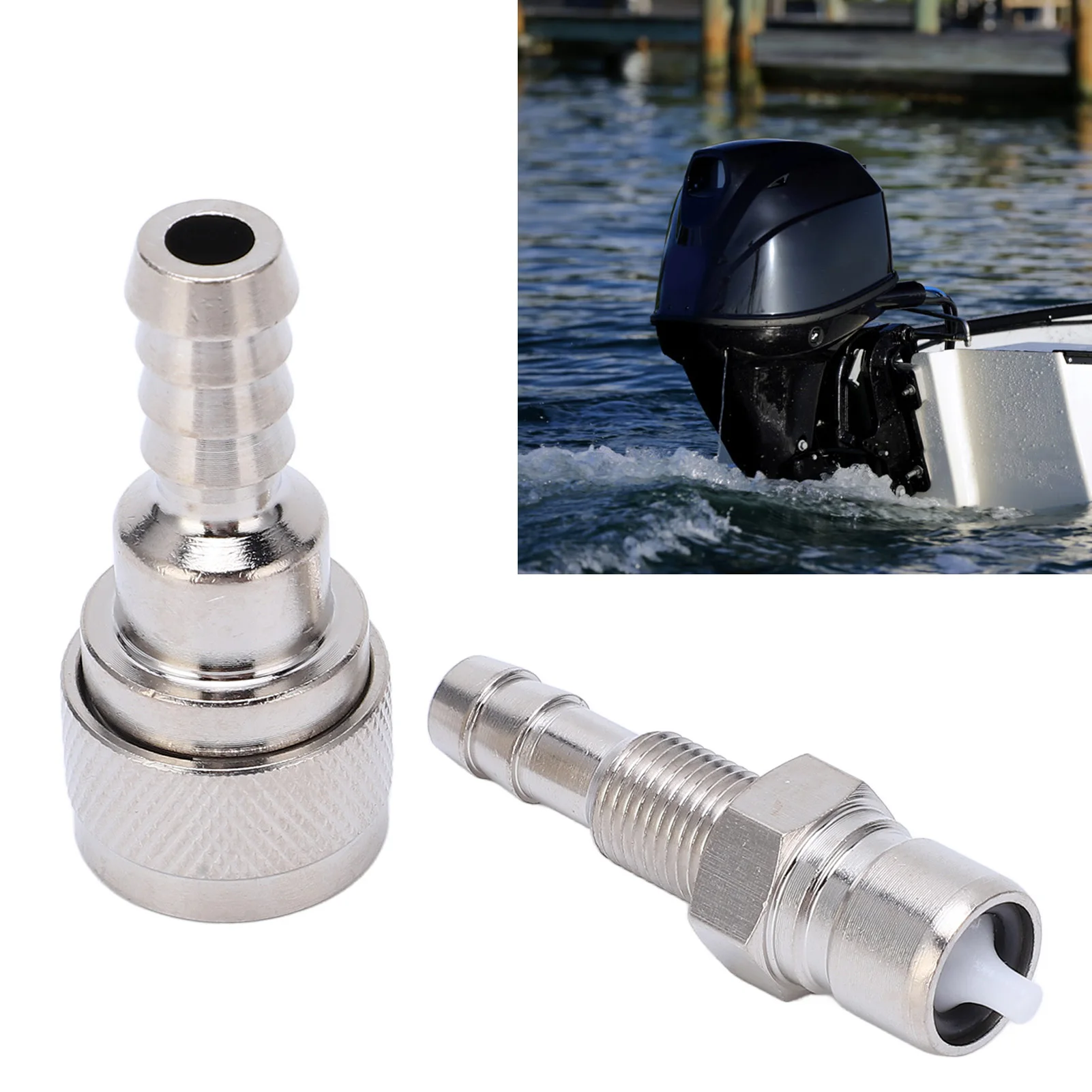 Metal alloy outboard fuel connector, suitable for multiple Tohatsu engine models.Comes in pairs and is designed for fuel systems