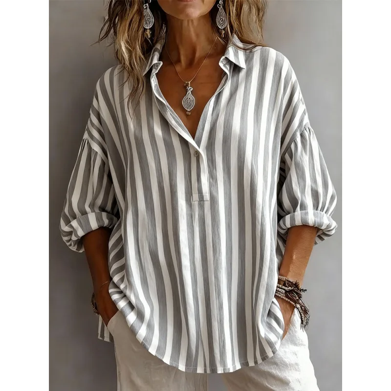 

Women's Loose Retro Striped Button Tops Oversize Sweetwear Collection Lapel Long-sleeved Pullover Casual Printed Loose Shirt