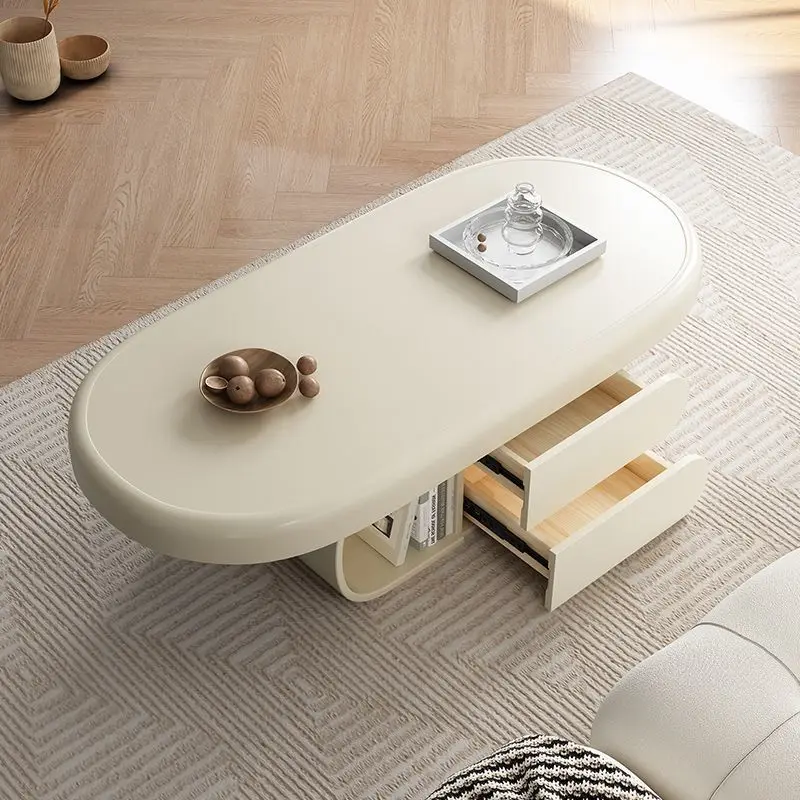 #High-Grade Oval Design Rock Board Drawer Cream Style Biscuit Coffee Table for Living Room for Small Apartments Internet