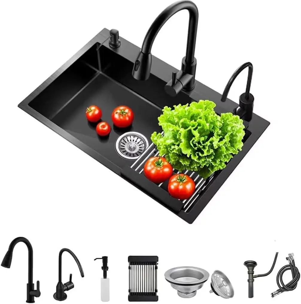 

Black Drop in Kitchen Sink, Stainless Steel Single Bowl Sink with 3 Holes, Topmount Workstation Sink, Farmhouse Rectangle Basin