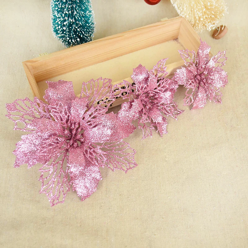 5 pièces 9-16cm ornement de noël fleur paillettes fleurs artificielles tête pour arbre de noël nouvel an décor à la maison bricolage couronne fournitures