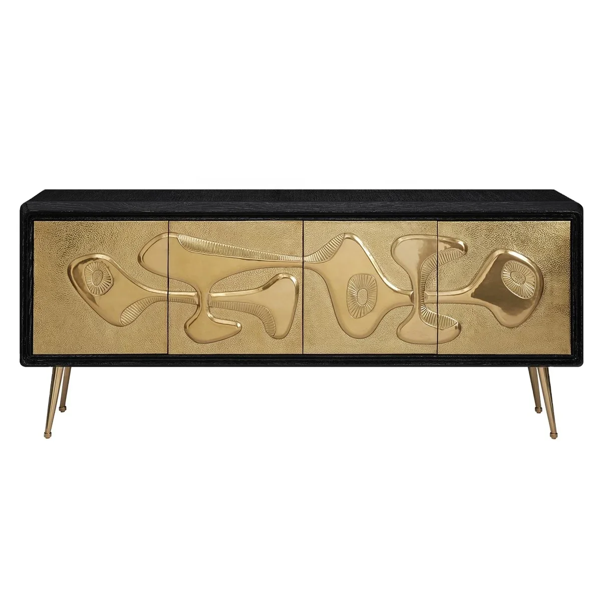 -Jonathan Adler Black Oak  Wooden Sideboard Golden Double Doors Brass Metal Leg Buffeet Storage Cabinet  Living Room Furniture
