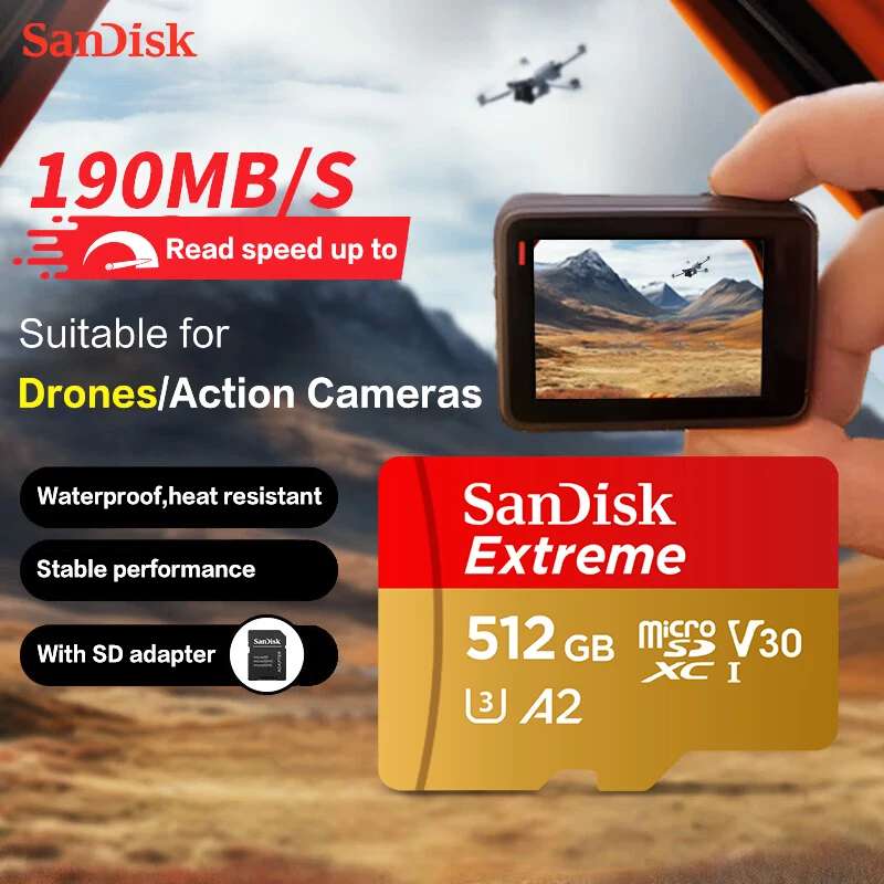 SanDisk Extreme microSDXC UHS-I CARD V30 A2 U3 بطاقة الذاكرة تصل إلى 190 ميجا بايت/ثانية بطاقة Microsd TF الأصلية للهواتف بدون طيار 64G 128G 256G