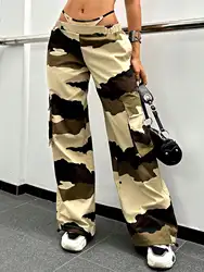 Women Fashion Camo Cargo Pants Street Flap Pocket Elastic Waist Loose Wide Leg Parachute Trousers Mujer