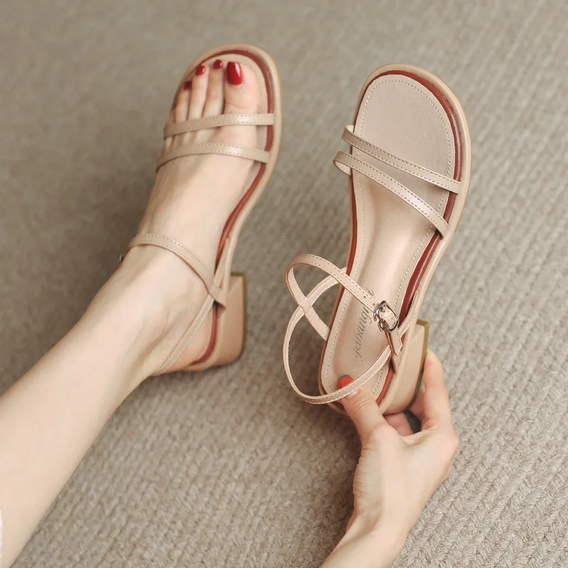 

Brand Sandals Women Summer Mid-heel Buckle 2022 New Style All-match Thick-heel Student Fairy Gentle Roman Women Sandals