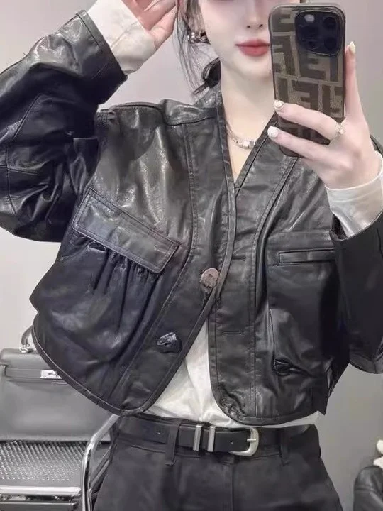 

Весна 2025: Женская куртка из натуральной кожи с V-образным вырезом, свободного кроя, из овчины, с длинными рукавами, для повседневной носки, молодежная мода