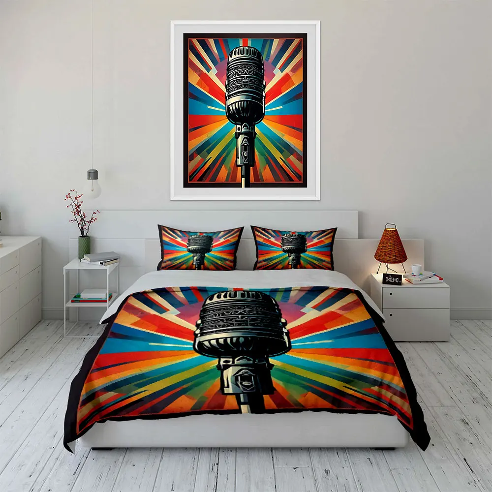 

"Retro Microphone Art Decor Set" Bedding Set with 1 Duvet Cover 2 Pillowcases Single Double King Queen, Gift