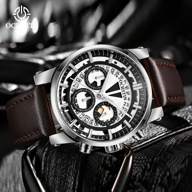 Hollow Pilot Series Calendar cronografo orologio da polso in pelle luminoso Sport impermeabile orologio da uomo d'affari moda